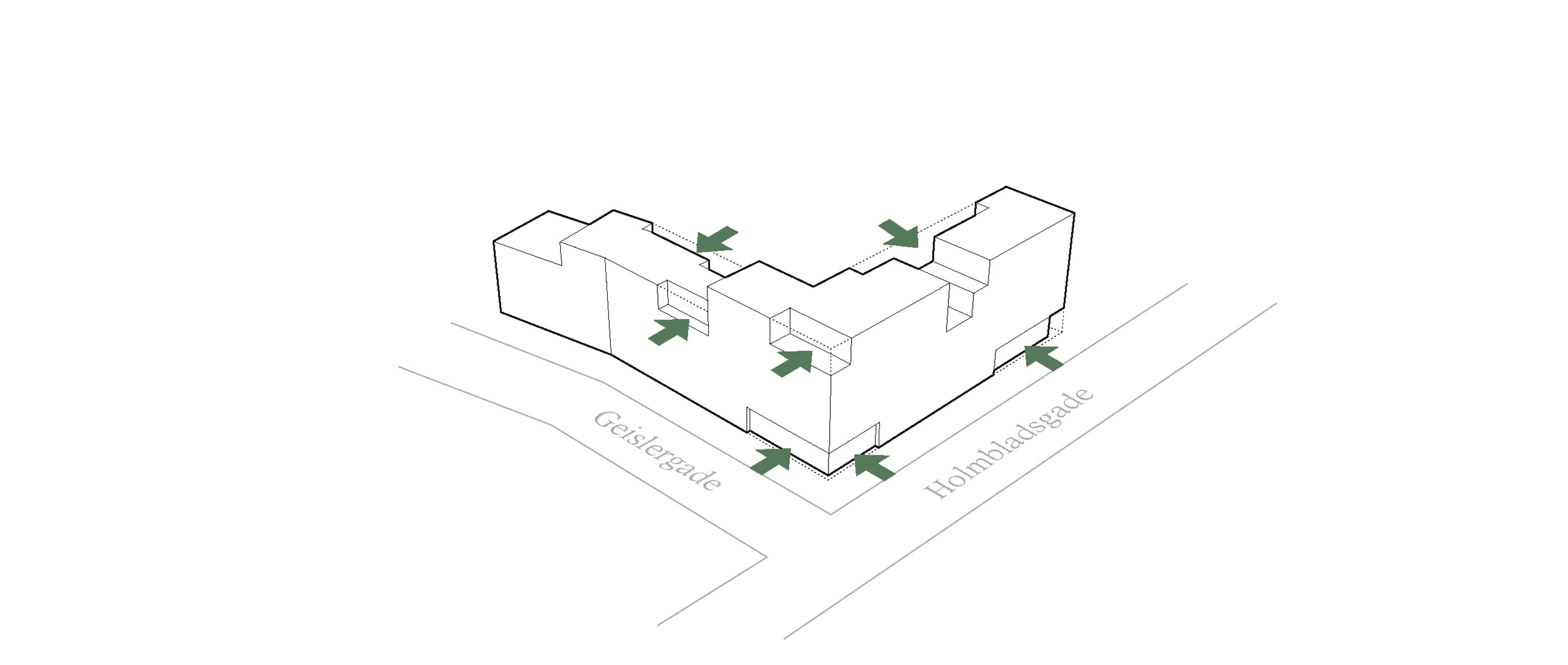 Terrasser markerer sig arkitektonisk flot i byggeriet ved et indryk, det samme gælder erhvervslokalerne i bunden.