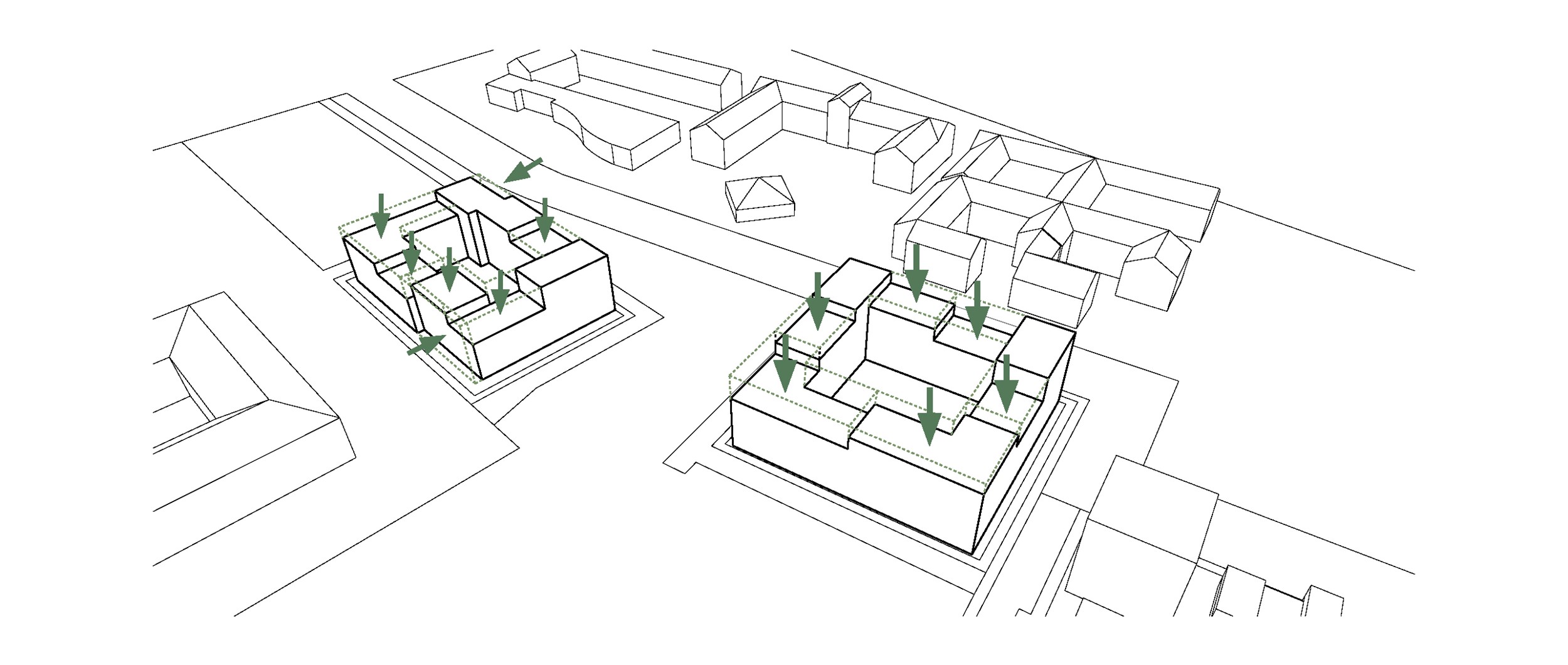 Variation af bygningshøjder skaber rumlig variation og naturlige adgange til tagfladerne.